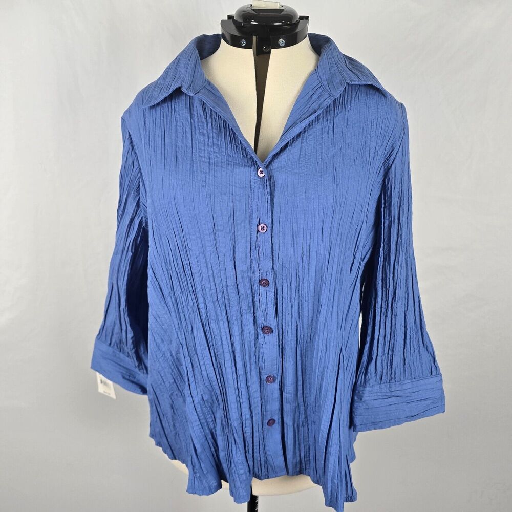 Fred David Blouse Women's 3X Blue Button Up Collar Long Sleeve Ruffles VTG NWT